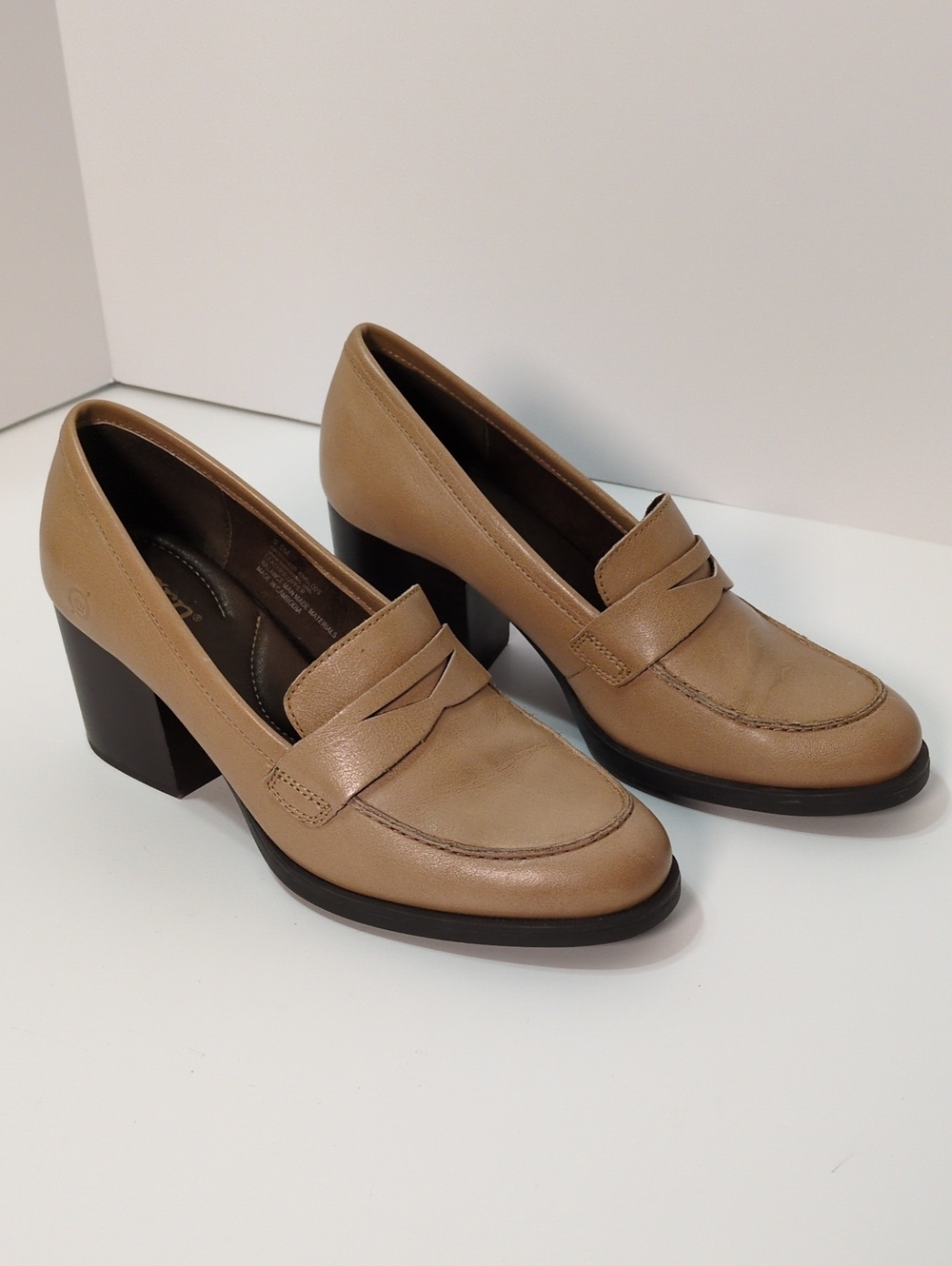 Born Kheld Tan Leather Chunky Block Heel Penny Loafers Heeled Pumps Size 9.5M